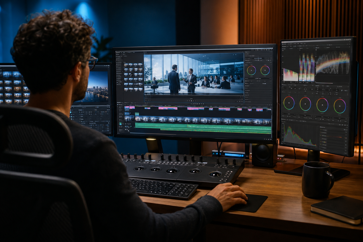Editor working on a video timeline with brand footage on a monitor
