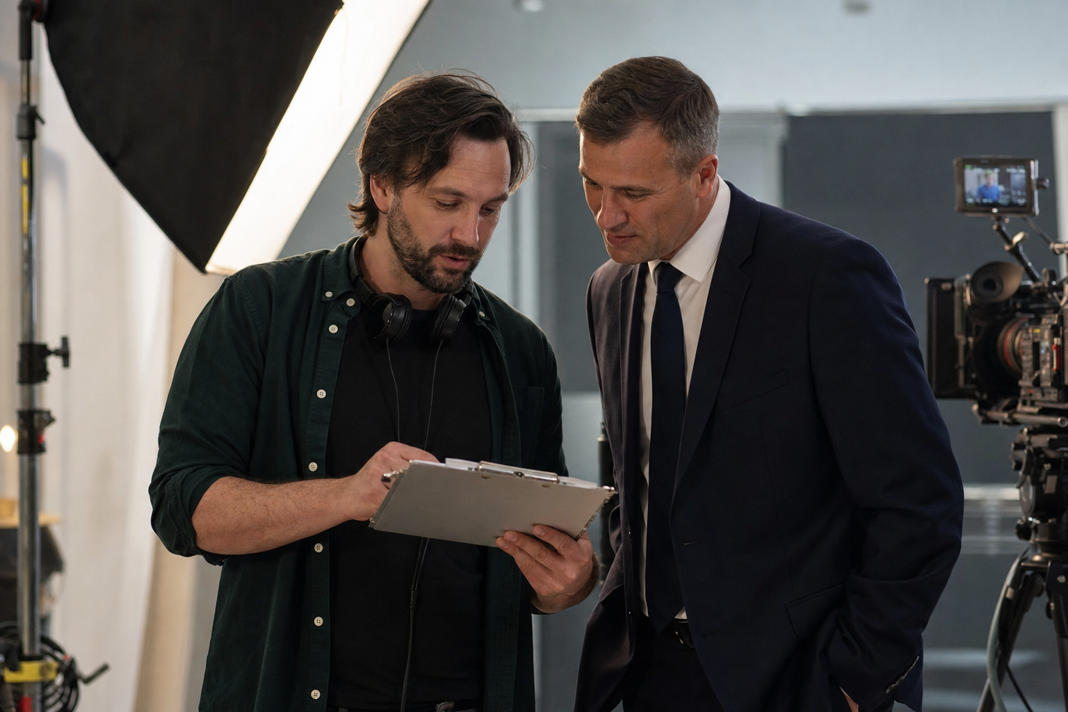 Director reviewing a shot list with a client on set